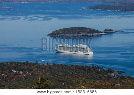 BAR HARBOR- OCTOBER 11 : Regal Princess view from Cadilacv Mountain  a Royal-class cruise ship operated by Princess Cruises is docking in Bar Harbor, USA on October 11, 2016