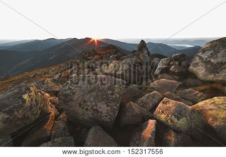 Sunset over Rocky Mountains. On the Top of Mount Dumbier Low Tatras Slovakia.