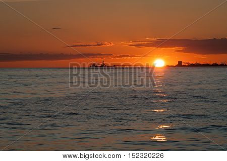 oil tankers at sunset in Point Roberts Washington State USA