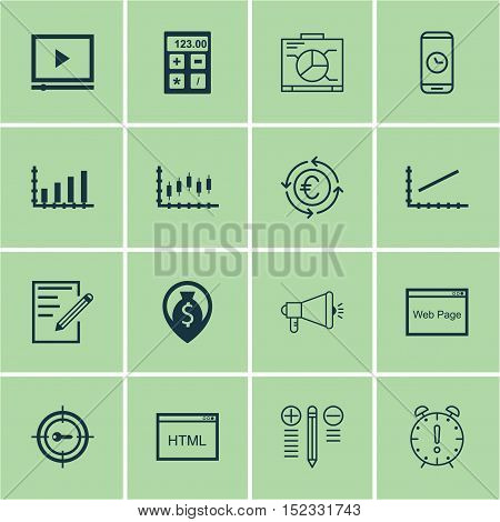 Set Of 16 Universal Editable Icons For Seo, Statistics And Marketing Topics. Includes Icons Such As