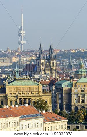 Panoramic aerial view of Prague with the Zizkov Tv tower on the top. View from Prague Castle, Czech Republic.