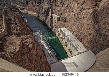 View of Hoover Dam on Colorado River in Arizona Colorado and Nevada
