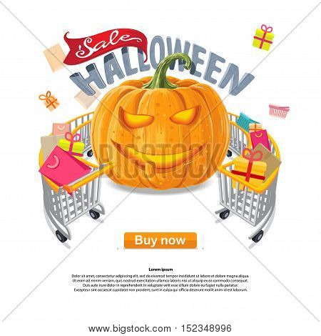 Halloween sale pumpkin lantern, icons, buy now, discount, Vector illustration in flat, cartoon style