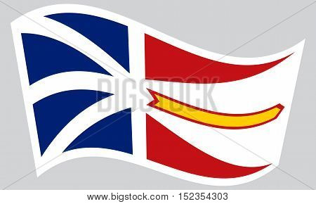 Canadian provincial NL patriotic element and official symbol. Canada banner and background. Correct colors. Flag of the Canadian province of Newfoundland and Labrador waving on gray background vector