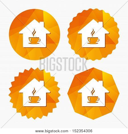 Coffee shop icon. Hot coffee cup sign. Hot tea drink with steam. Triangular low poly buttons with flat icon. Vector