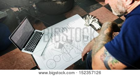 Construction Master Plan Draft Blueprint Male Laptop Concept