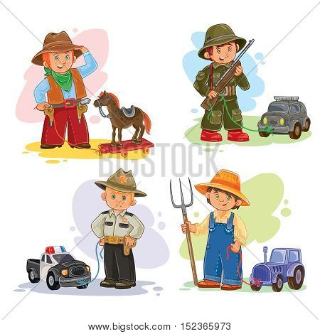 Set of vector icons of small children cowboy, sheriff, farmer, soldier and their vehicle
