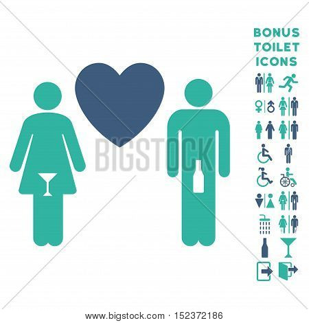 Drunky Love Pair icon and bonus male and woman lavatory symbols. Vector illustration style is flat iconic bicolor symbols, cobalt and cyan colors, white background.