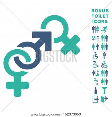 Faith Breach icon and bonus male and female WC symbols. Vector illustration style is flat iconic bicolor symbols, cobalt and cyan colors, white background.
