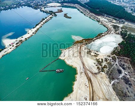 Aerial view - blue water in pond, sandy career