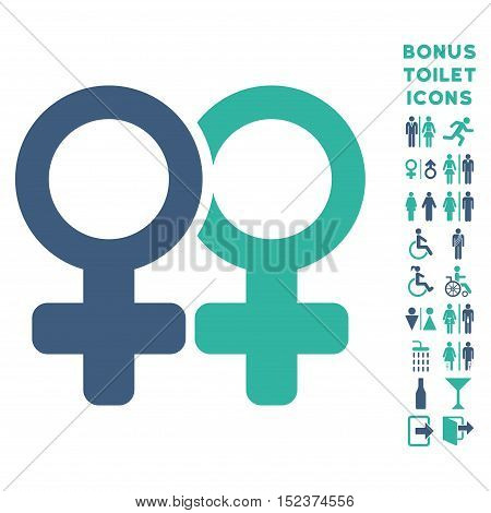 Lesbi Pair icon and bonus man and female toilet symbols. Vector illustration style is flat iconic bicolor symbols, cobalt and cyan colors, white background.