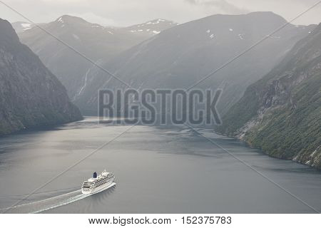 Norwegian fjord landscape. Storfjorden. Hellesylt Geiranger cruise travel. Tourism