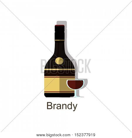 Brandy alcohol drink ÃÂ¢?? vector bottle and wine glass. Vector flat colorful brandy bottle with shadow. Isolated on white background.