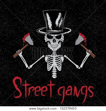 Killer monster -skeleton holds two bloodstained axes. Vintage label for halloween design.Vector illustration