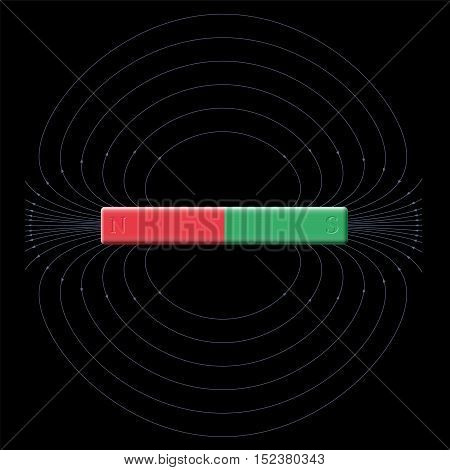Magnetic field produced by north and south pole of a bar magnet. Illustration on black background.