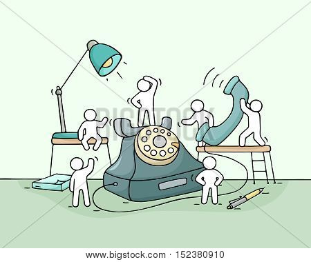 Cartoon working little people with big phone. Doodle cute miniature scene of workers make a call. Hand drawn cartoon vector illustration for business design.