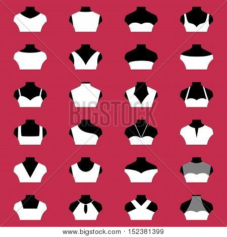 Types of necklines of woman clohing, vector illustration