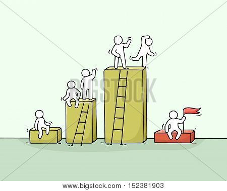 Cartoon diagramm with working little people. Doodle cute miniature teamwork. Hand drawn vector illustration for business design and infographic.