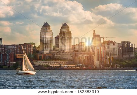 Quay of the big city at eventide the river Dnepr Dnepropetrovsk
