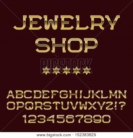 Gold letters and numbers. Deluxe presentable font. Isolated english alphabet with text Jewelry Shop.