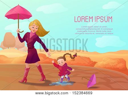 Autumn background with smiling mother and daughter walking at the park. Seasonal sale poster, concept, flyer. Banner with cartoon characters. Brochure template.Vector illustration