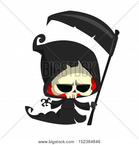 Cute cartoon grim reaper with scythe isolated on white. Cute Halloween skeleton death character icon