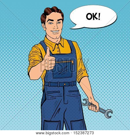 Pop Art Confident Smiling Mechanic with Wrench Thumbs Up. Vector illustration