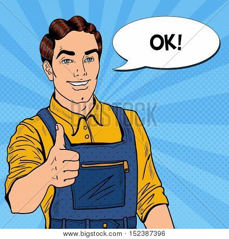 Pop Art Confident Smiling Mechanic with Wrench Thumbs Up. Vector illustration