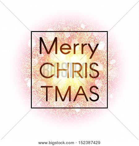 Christmas card on abstract explosion background with gold glittering elements and burst of glowing star. Xmas banner. Chrisrmas dust firework light effect with violet glow. Xmas vector illustration.