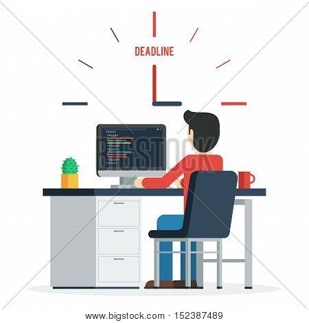 Deadline Concept of overworked man sitting infront of his table working on the computer having a problem reaching the deadline of his project. Trendy vector illustration concept in flat style design