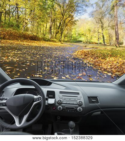 view of modern car dashboard with steering wheel, fall road in background