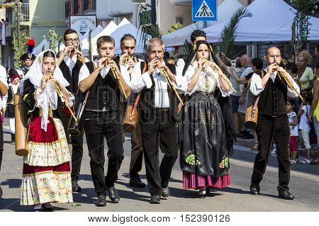 SELARGIUS, ITALY - September 11, 2016: Former marriage Selargino - Sardinia - group of musicians who parade in traditional Sardinian costume