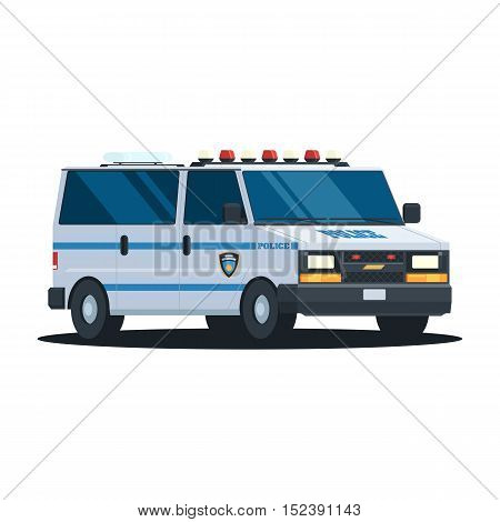 Van Police Department with flashing lights on the roof. Police car, vehicle in trendy flat design. Vector illustration isolated on white background