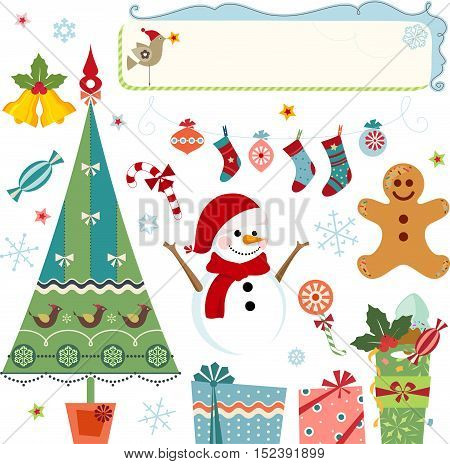 Vector Christmas elements - christmas tree, snowman, snowflakes, gifts, stockings, bells, candy cane, gingerbread man, christmas ornaments, frame, stars, holly berry and bird.