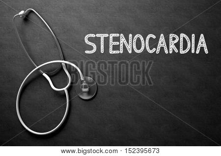 Medical Concept: Stenocardia -  Black Chalkboard with Hand Drawn Text and White Stethoscope. Top View. Medical Concept: Stenocardia Handwritten on Black Chalkboard. 3D Rendering.
