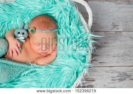 sweet sleeping newborn girl on turquoise fluffy blanket with flowers on her headband
