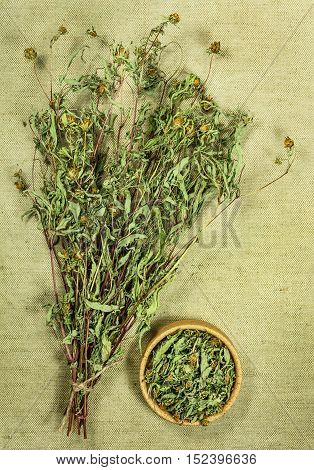 Bur marigold. Dried herbs for use in alternative medicine spa herbal cosmetics herbal medicine preparing infusions decoctions tinctures powders ointments butter tea bath.