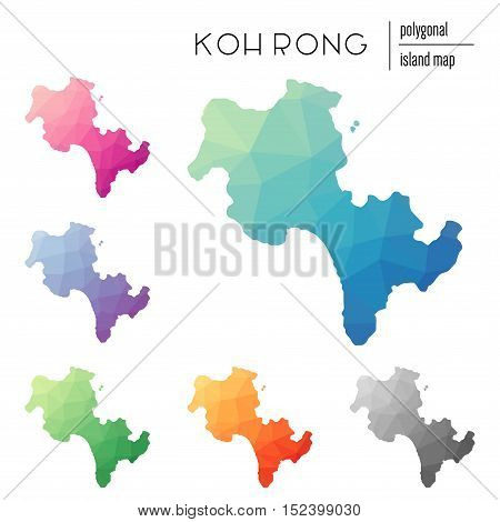 Set Of Vector Polygonal Koh Rong Maps Filled With Bright Gradient Of Low Poly Art. Multicolored Isla