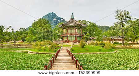 Hyangwonjeong Pavilion. Gyeongbokgung Palace. Seoul. South Korea. Panorama