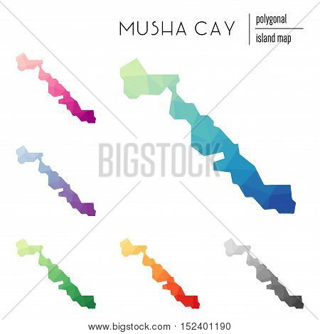 Set Of Vector Polygonal Musha Cay Maps Filled With Bright Gradient Of Low Poly Art. Multicolored Isl