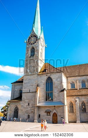 Zurich, Switzerland - June 28, 2016: View on Fraumunster church in the old town of Zurich city in Switzerland