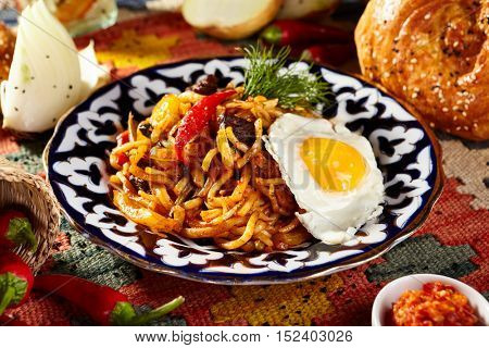 Asian Style Noodles with Meat and Laghman Sauce. Garnished with Fried Egg