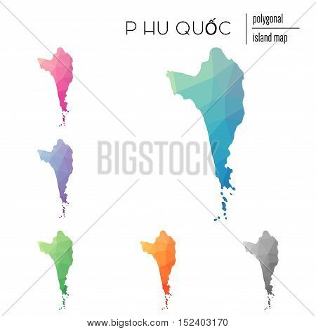 Set Of Vector Polygonal Phu Quốc Maps Filled With Bright Gradient Of Low Poly Art. Multicolored Isla