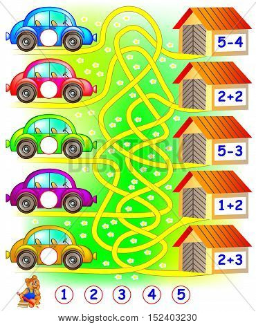 Exercises for children who needs to find the garage for each car and to write the numbers in relevant circles. Developing skills for counting. Vector image.
