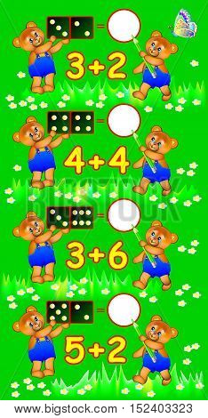 Exercises for children - need to solve examples and to write the numbers in relevant circles. Developing skills for counting. Vector image.