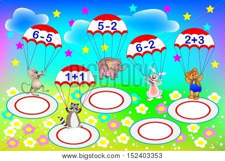 Exercises for children - need to solve examples and to write the numbers on areas where each parachutist has to land. Developing skills for counting. Vector image.