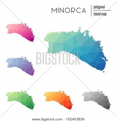Set Of Vector Polygonal Minorca Maps Filled With Bright Gradient Of Low Poly Art. Multicolored Islan