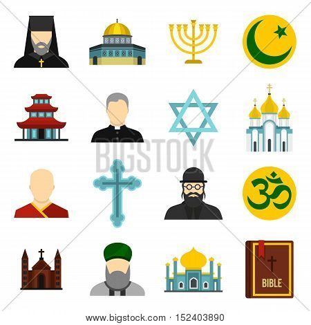 Religious symbol icons set. Flat illustration of 16 religious symbol vector icons for web