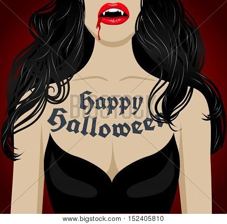 Sexy vampire with blood on lips and beautiful black hair