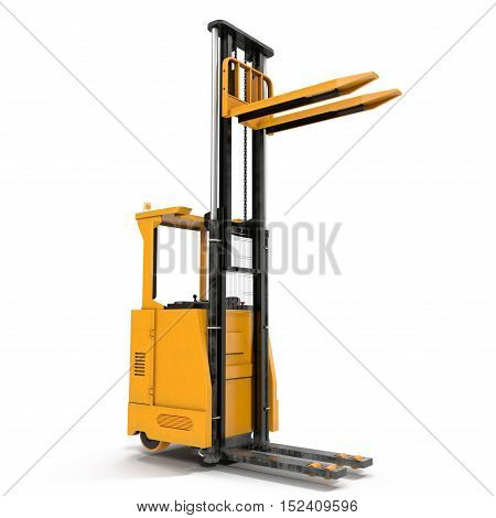 Yellow industrial fork lifter for cargo transport isolated on white background. 3D illustration